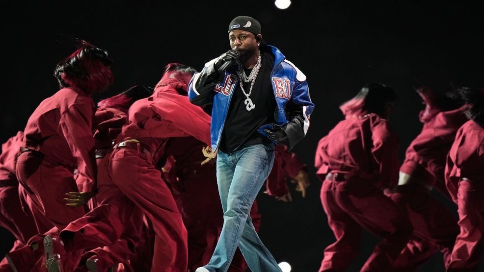 Kendrick Lamar performs during halftime of the NFL Super Bowl 59 football game between the Kansas City Chiefs and the Philadelphia Eagles, Sunday, Feb. 9, 2025, in New Orleans. (AP Photo/Frank Franklin II)